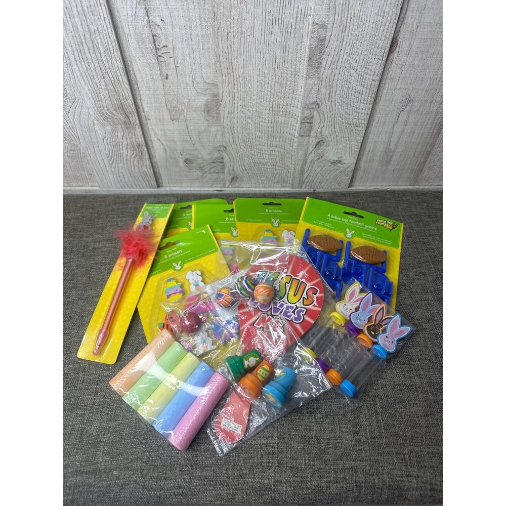 Easter Basket Party Favors w/ Chalk Erasers Football Games Stamps Bouncy Balls